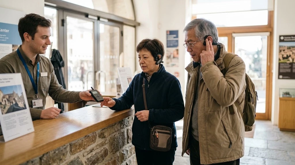 Visitor hesitating over a shared receiver at a visitor center counter Visitor hesitating over a shared receiver at a visitor center counter