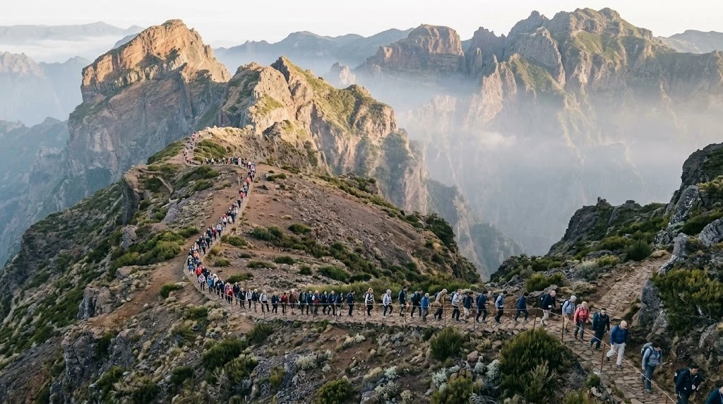 Aerial view of a tour group walking along a mountain trail on a full-day hike Aerial view of a tour group walking along a mountain trail on a full-day hike