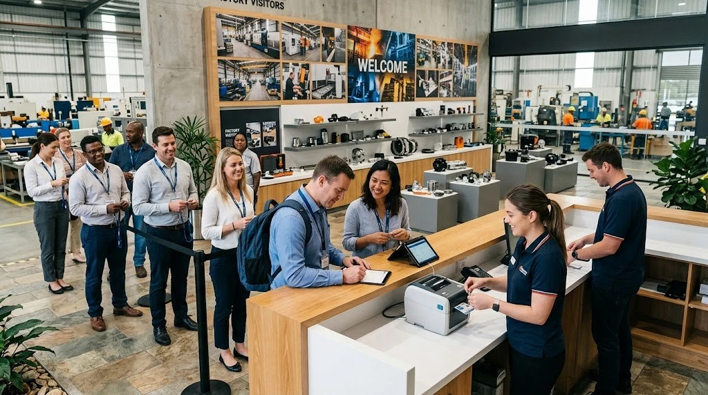 Visitors checking in at a factory visitor center before a tour Visitors checking in at a factory visitor center before a tour