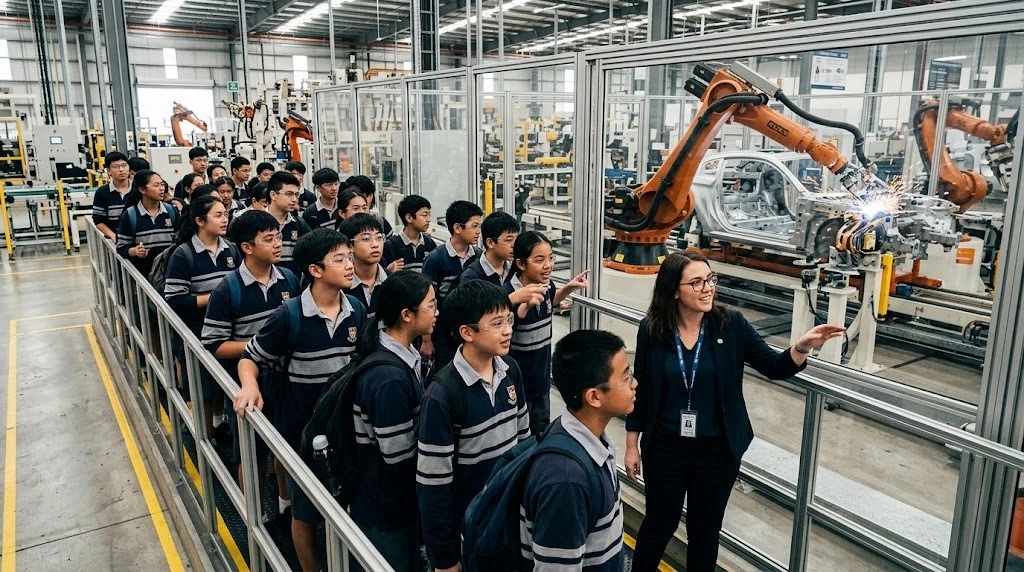 School students watching a robotic arm during an educational factory visit School students watching a robotic arm during an educational factory visit