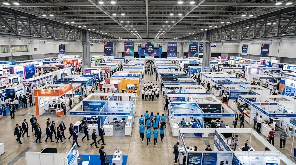 Aerial view of several small tour groups moving between booths in a large exhibition hall Aerial view of several small tour groups moving between booths in a large exhibition hall