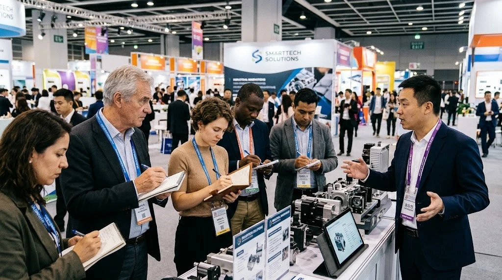Overseas buyer delegation listening to a host at an exhibition booth Overseas buyer delegation listening to a host at an exhibition booth